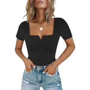 Chunpin Women's Square Neck Notch V Neck Bodysuit Short Sleeve Long Sleeve Tops